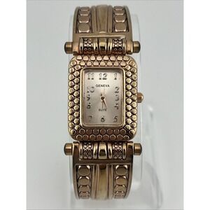 Geneva Elite Watch Women 23mm Rose Gold Tone Open Cuff Bangle Band- New Battery